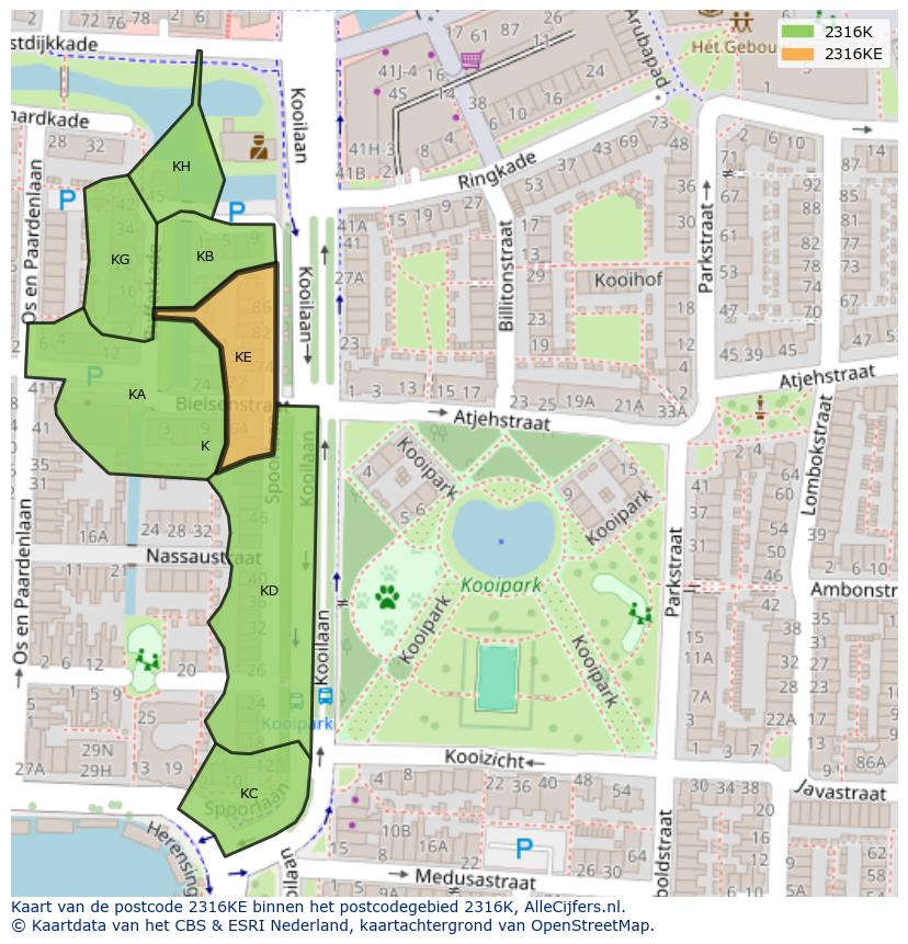 Afbeelding van het postcodegebied 2316 KE op de kaart.