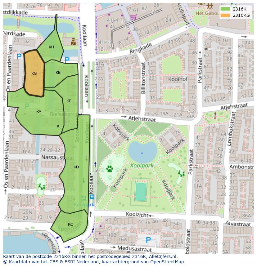 Afbeelding van het postcodegebied 2316 KG op de kaart.