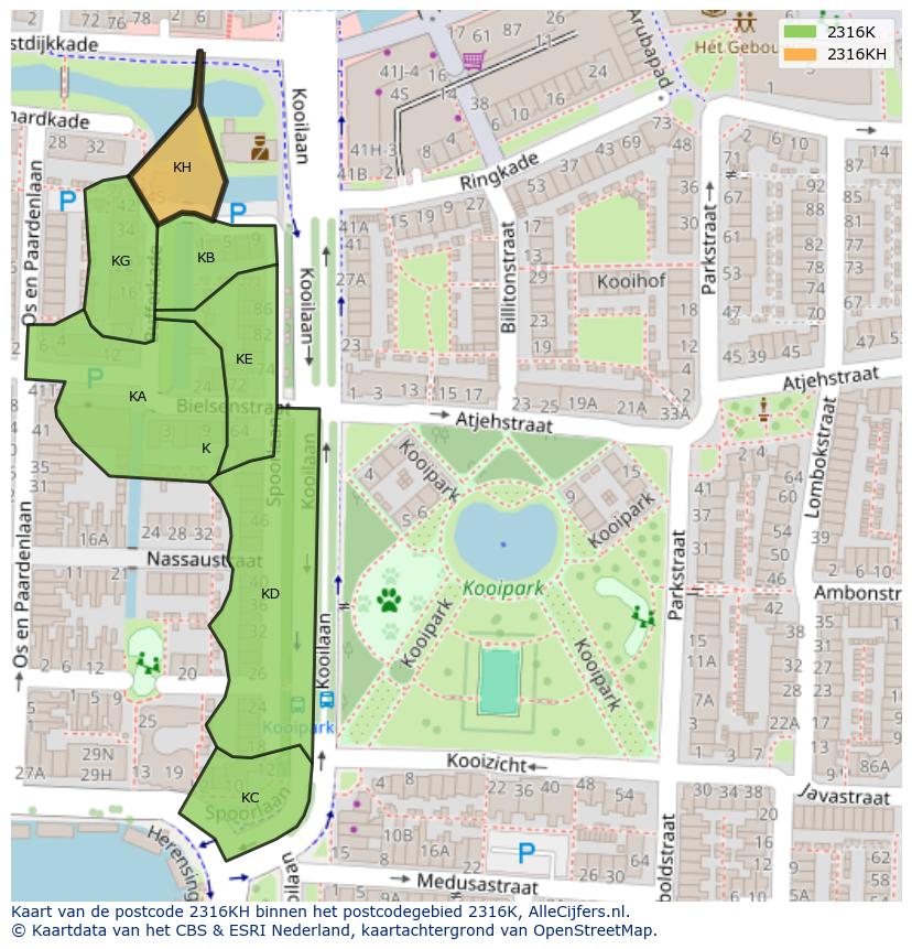 Afbeelding van het postcodegebied 2316 KH op de kaart.