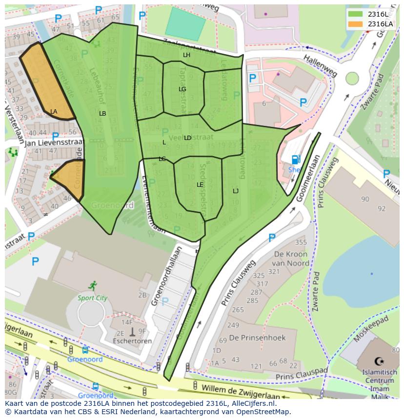 Afbeelding van het postcodegebied 2316 LA op de kaart.