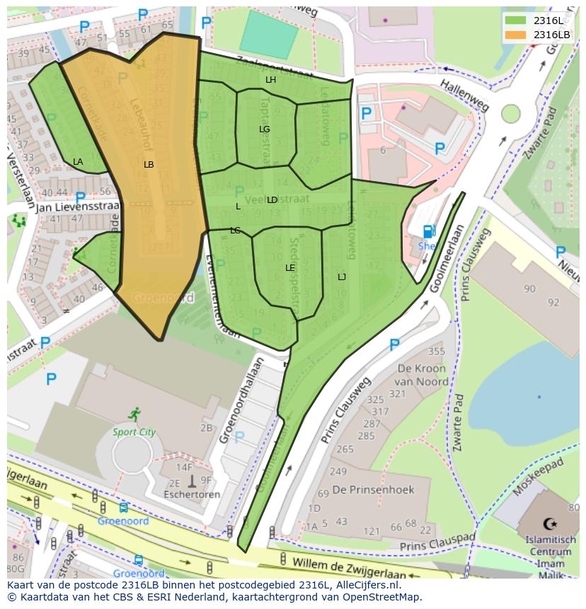 Afbeelding van het postcodegebied 2316 LB op de kaart.