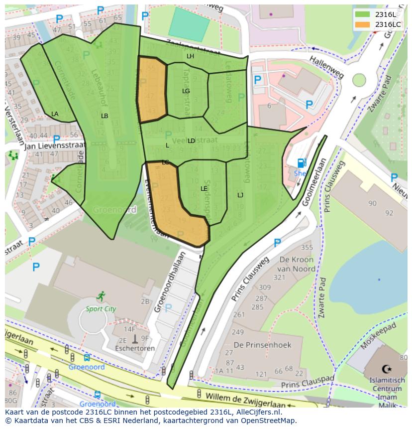 Afbeelding van het postcodegebied 2316 LC op de kaart.