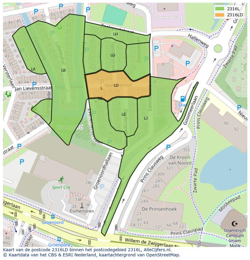 Afbeelding van het postcodegebied 2316 LD op de kaart.