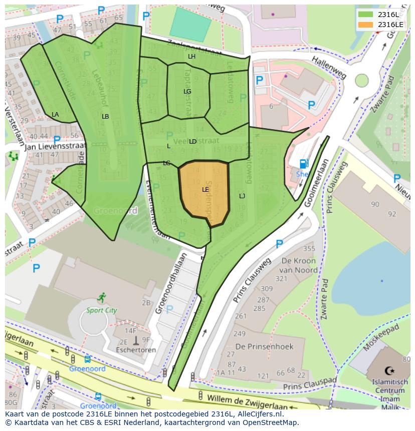 Afbeelding van het postcodegebied 2316 LE op de kaart.