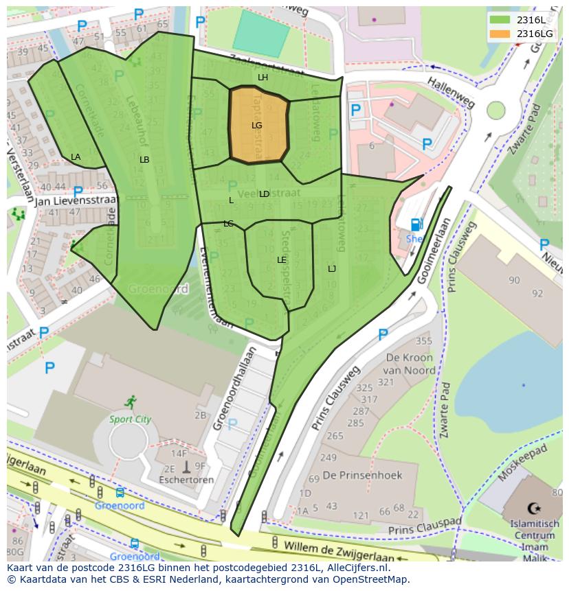 Afbeelding van het postcodegebied 2316 LG op de kaart.