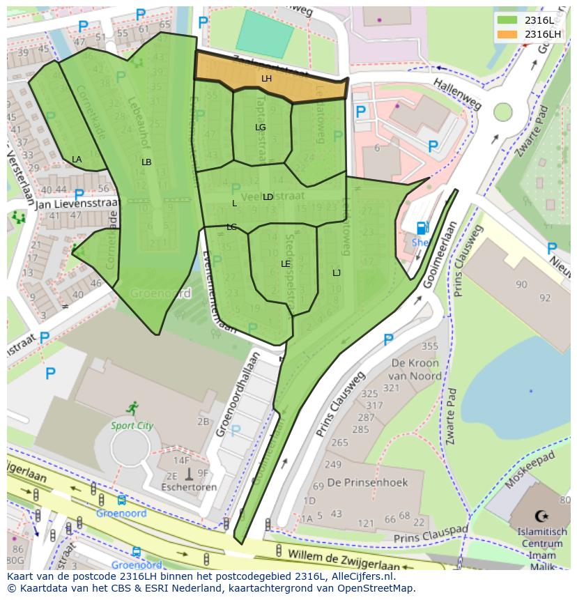 Afbeelding van het postcodegebied 2316 LH op de kaart.