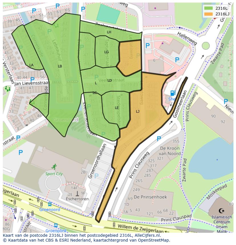 Afbeelding van het postcodegebied 2316 LJ op de kaart.