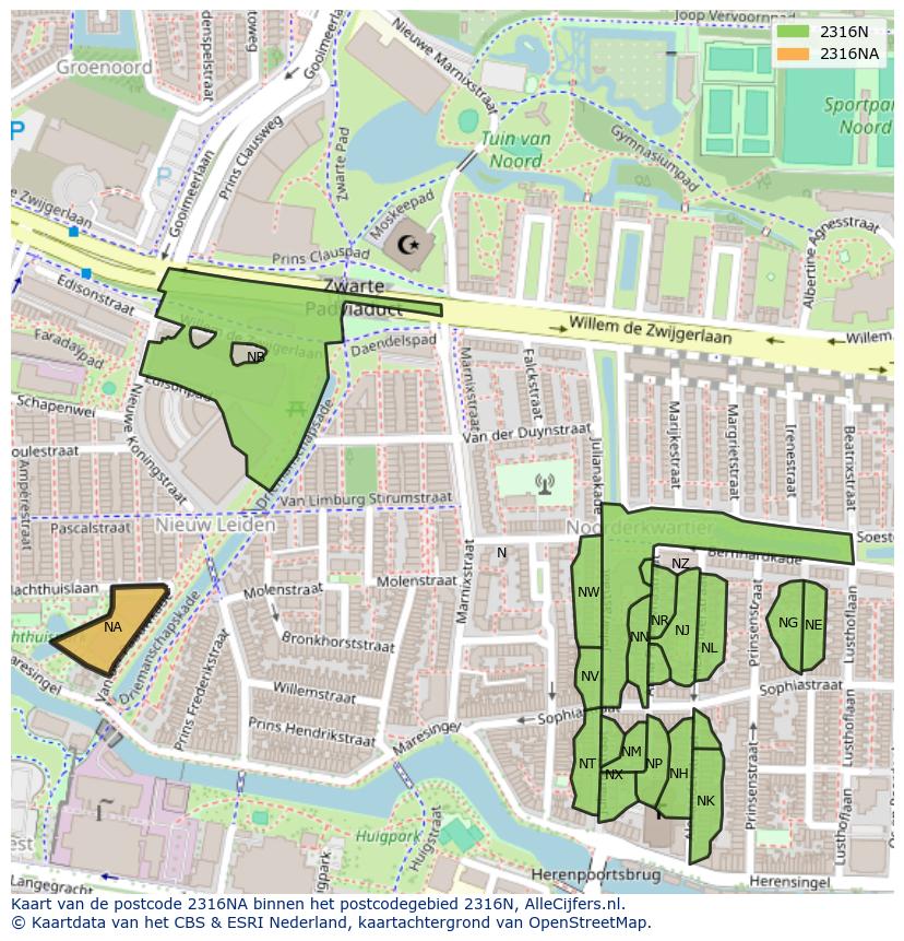 Afbeelding van het postcodegebied 2316 NA op de kaart.