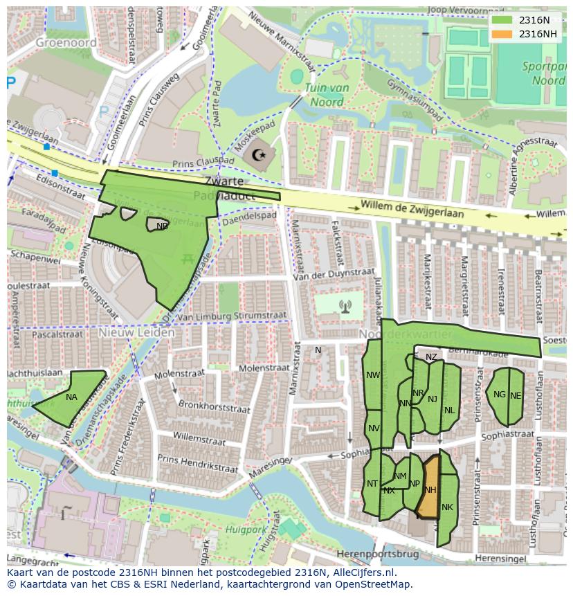 Afbeelding van het postcodegebied 2316 NH op de kaart.