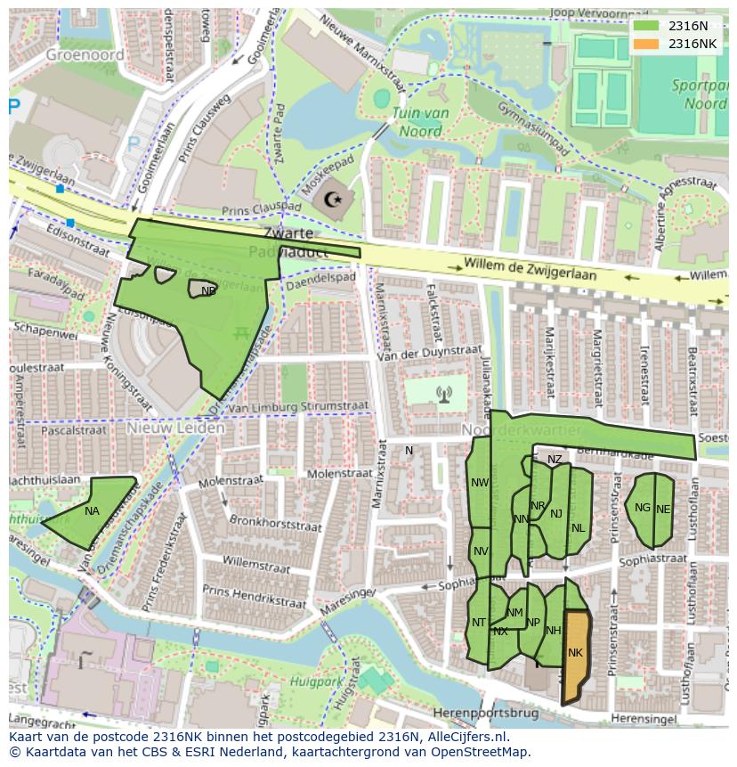 Afbeelding van het postcodegebied 2316 NK op de kaart.