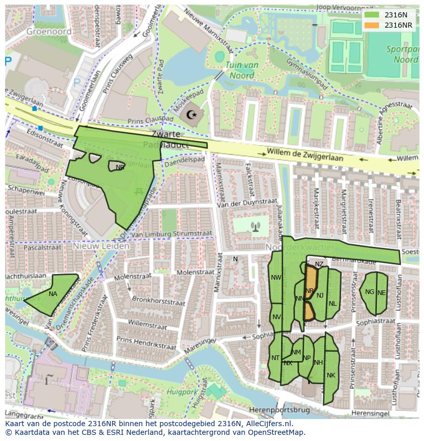 Afbeelding van het postcodegebied 2316 NR op de kaart.