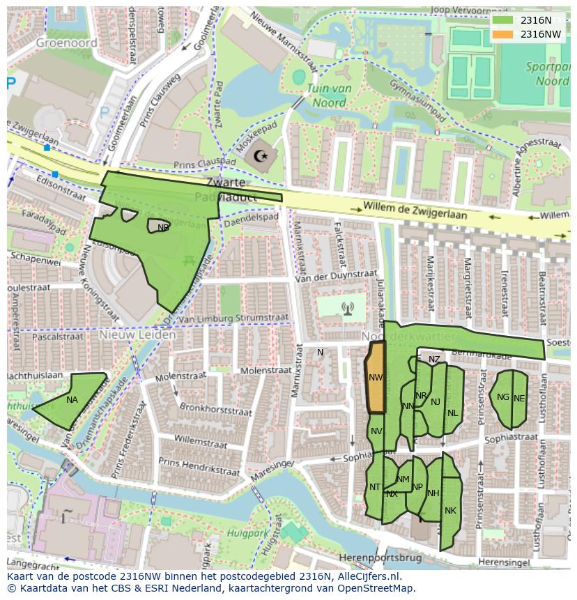 Afbeelding van het postcodegebied 2316 NW op de kaart.