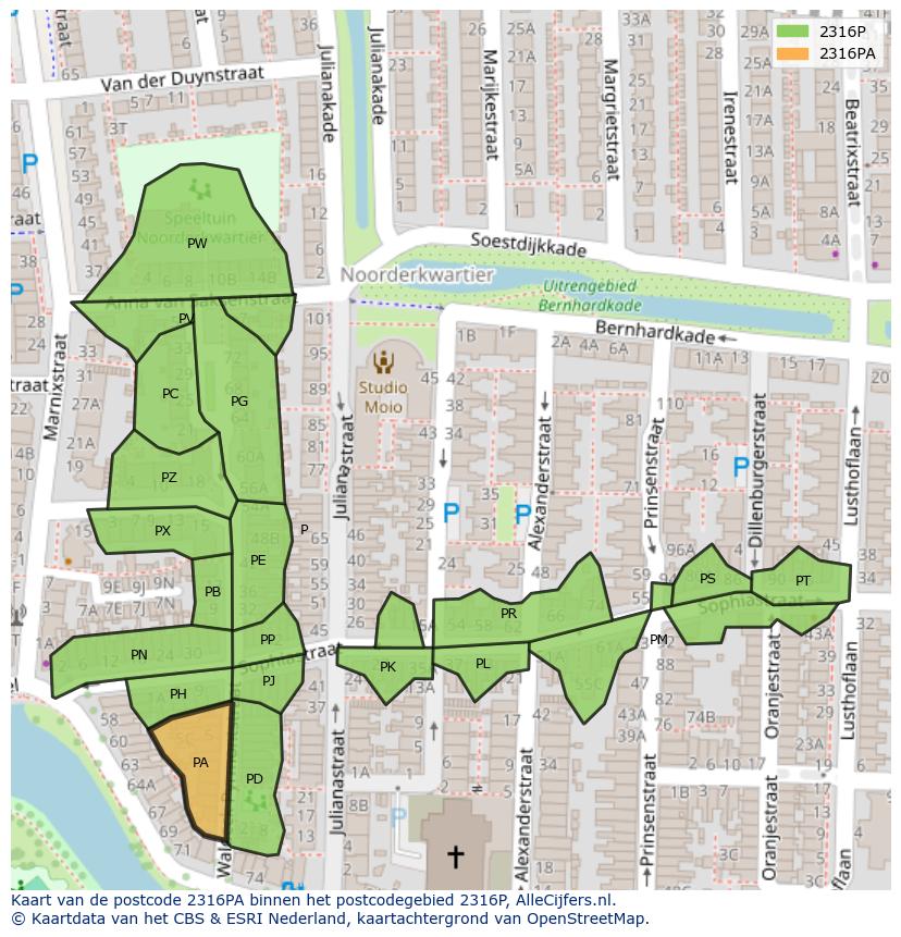 Afbeelding van het postcodegebied 2316 PA op de kaart.