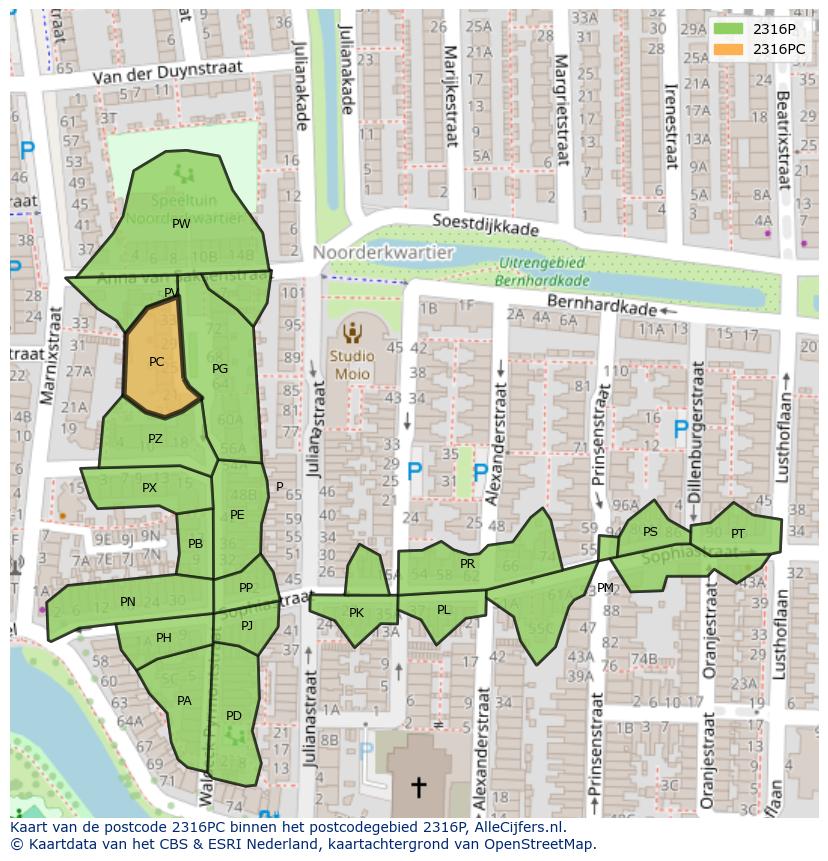 Afbeelding van het postcodegebied 2316 PC op de kaart.