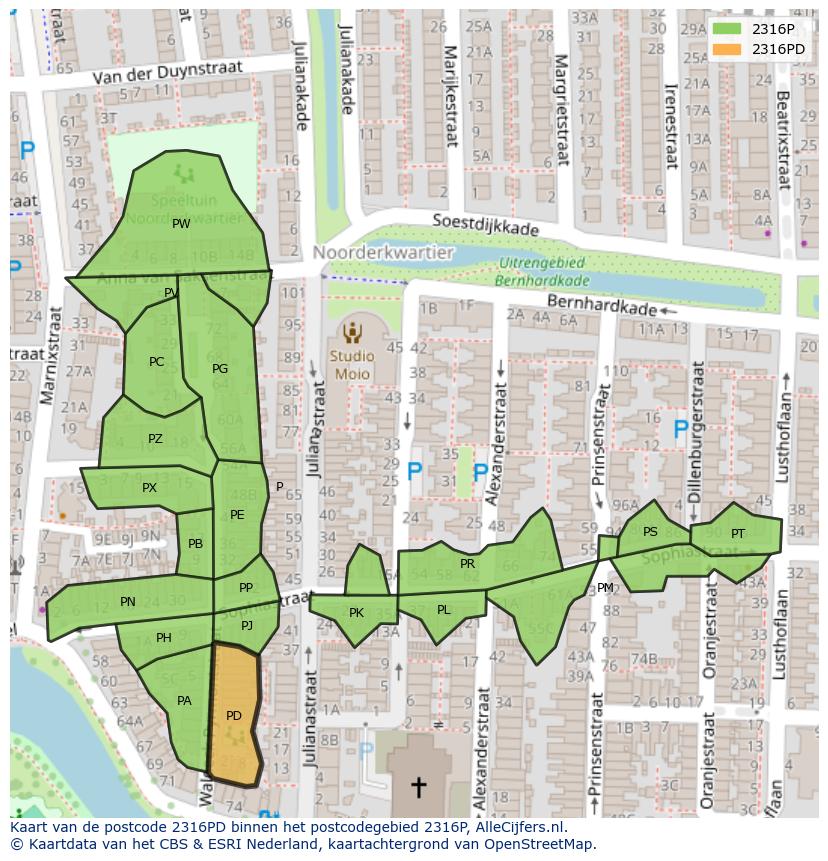 Afbeelding van het postcodegebied 2316 PD op de kaart.