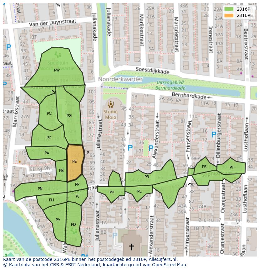 Afbeelding van het postcodegebied 2316 PE op de kaart.
