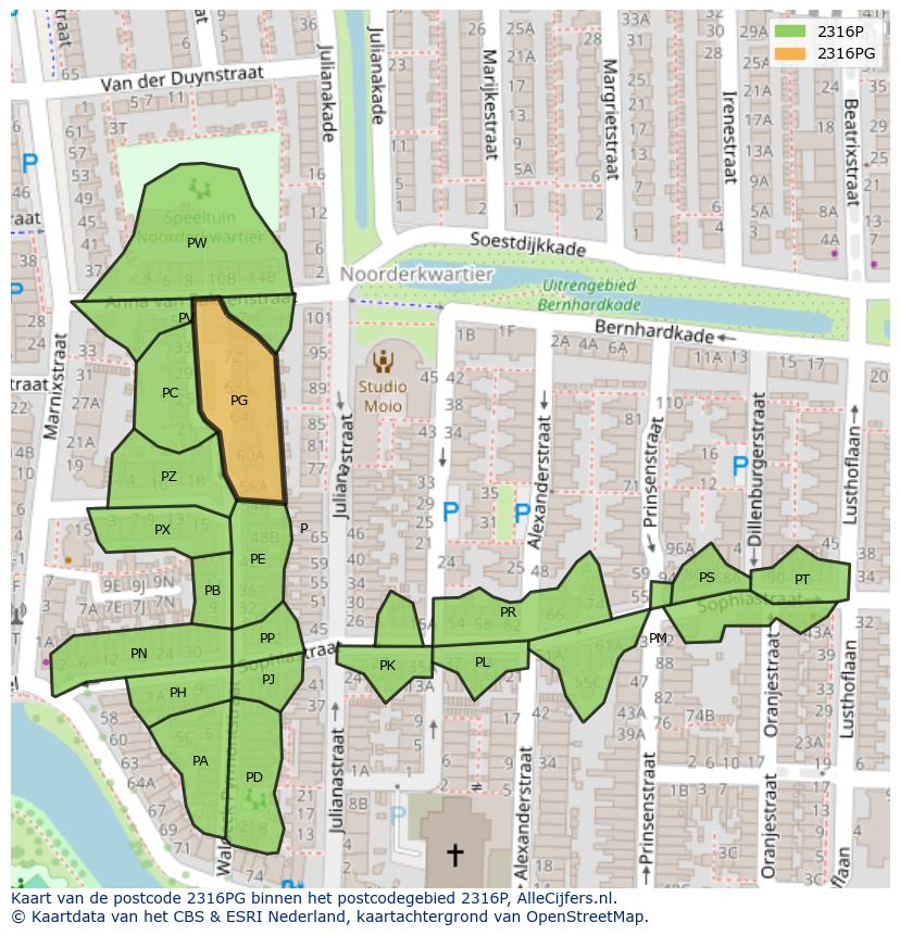 Afbeelding van het postcodegebied 2316 PG op de kaart.