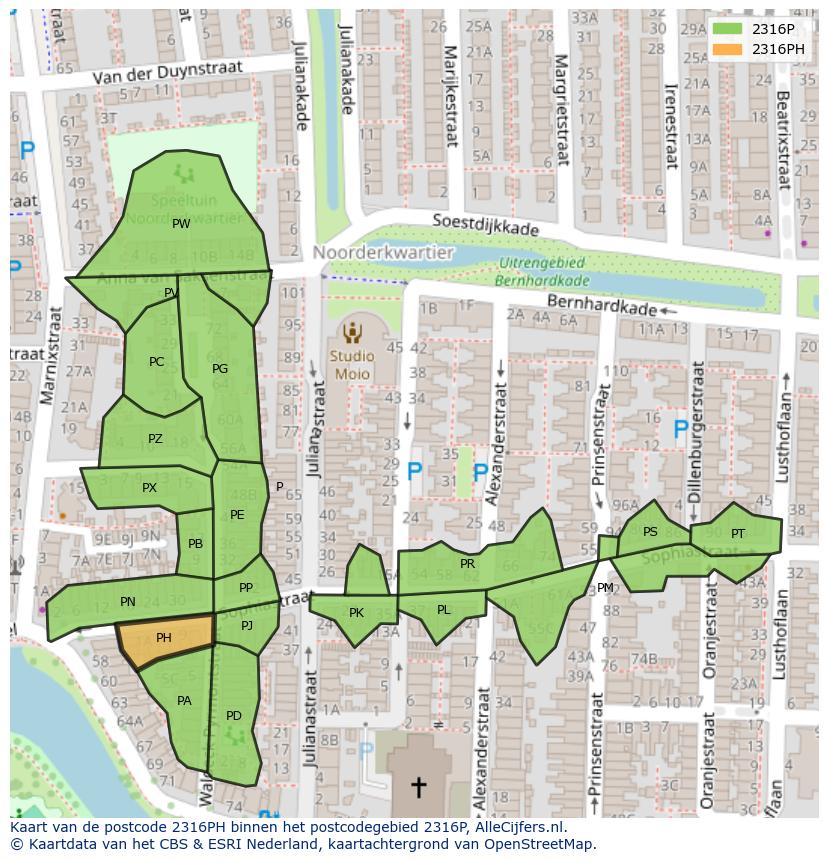 Afbeelding van het postcodegebied 2316 PH op de kaart.