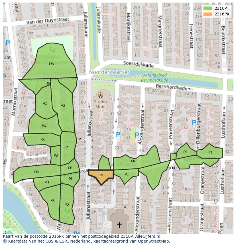 Afbeelding van het postcodegebied 2316 PK op de kaart.