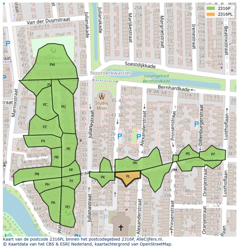 Afbeelding van het postcodegebied 2316 PL op de kaart.