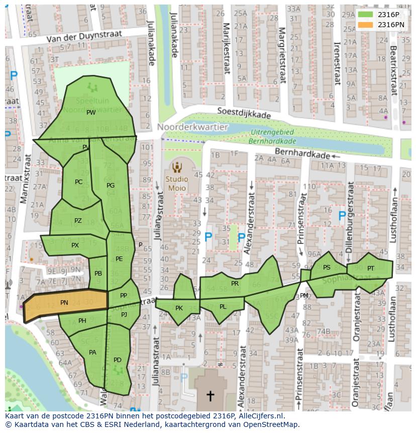 Afbeelding van het postcodegebied 2316 PN op de kaart.