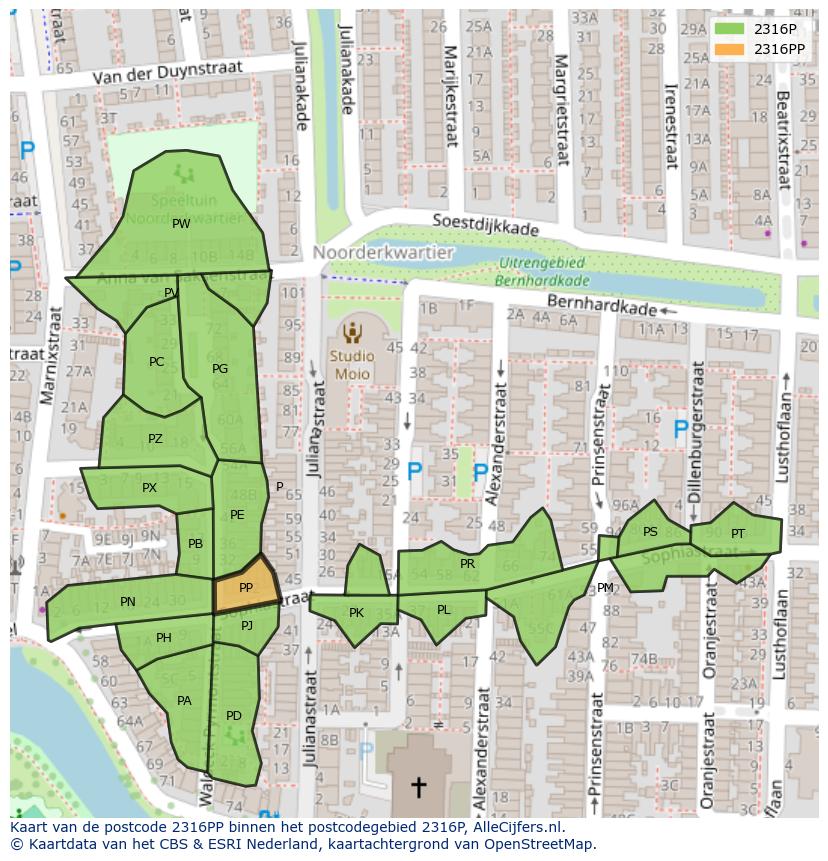 Afbeelding van het postcodegebied 2316 PP op de kaart.