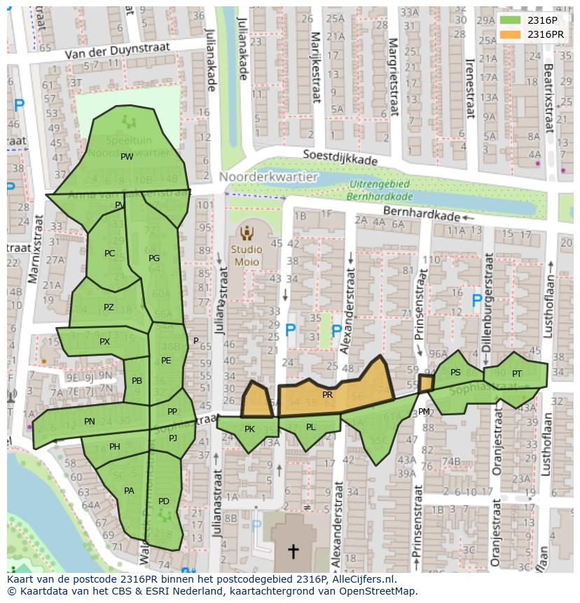 Afbeelding van het postcodegebied 2316 PR op de kaart.