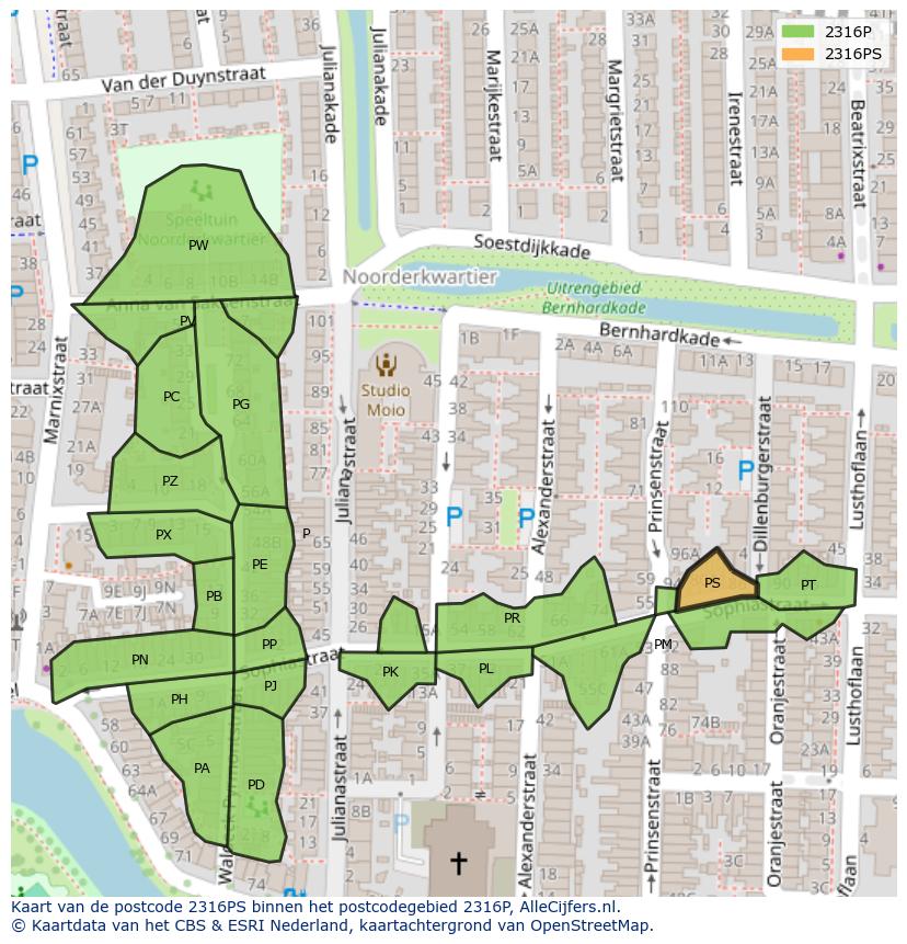 Afbeelding van het postcodegebied 2316 PS op de kaart.
