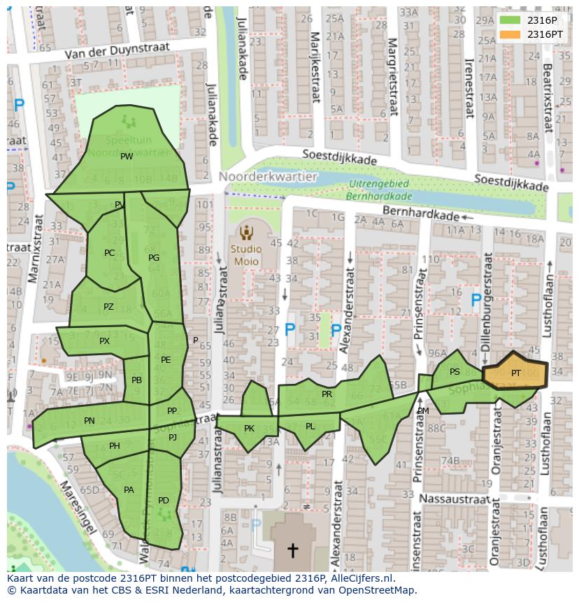 Afbeelding van het postcodegebied 2316 PT op de kaart.