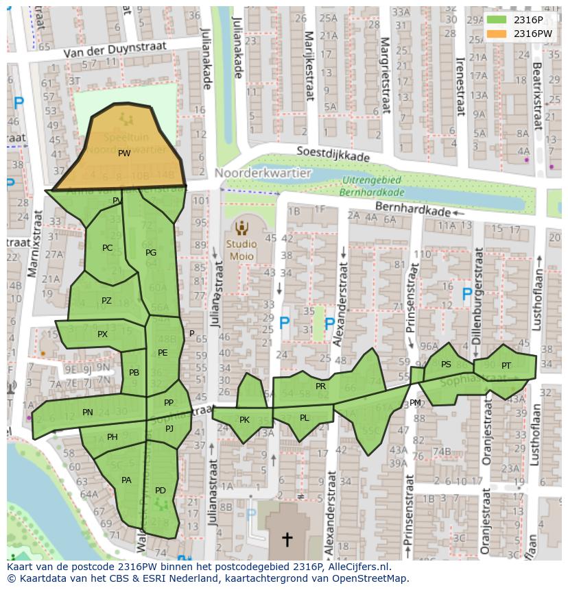 Afbeelding van het postcodegebied 2316 PW op de kaart.