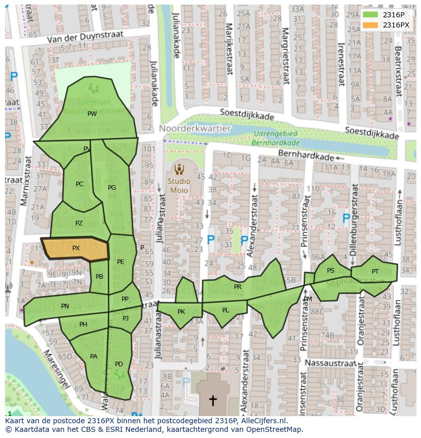 Afbeelding van het postcodegebied 2316 PX op de kaart.