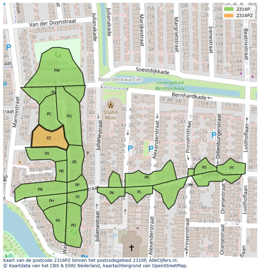 Afbeelding van het postcodegebied 2316 PZ op de kaart.