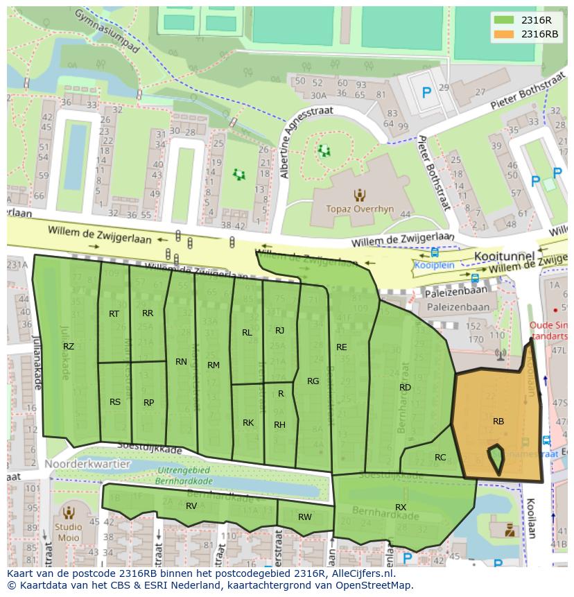 Afbeelding van het postcodegebied 2316 RB op de kaart.