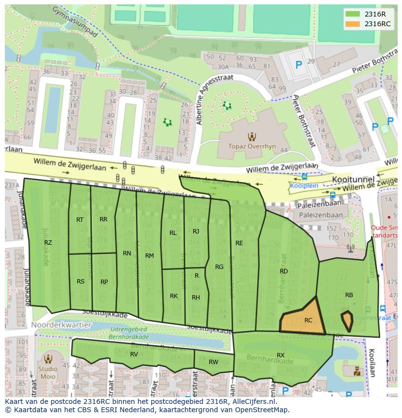 Afbeelding van het postcodegebied 2316 RC op de kaart.