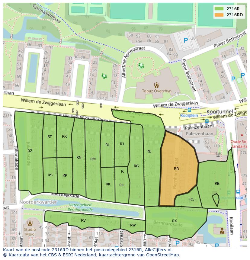 Afbeelding van het postcodegebied 2316 RD op de kaart.
