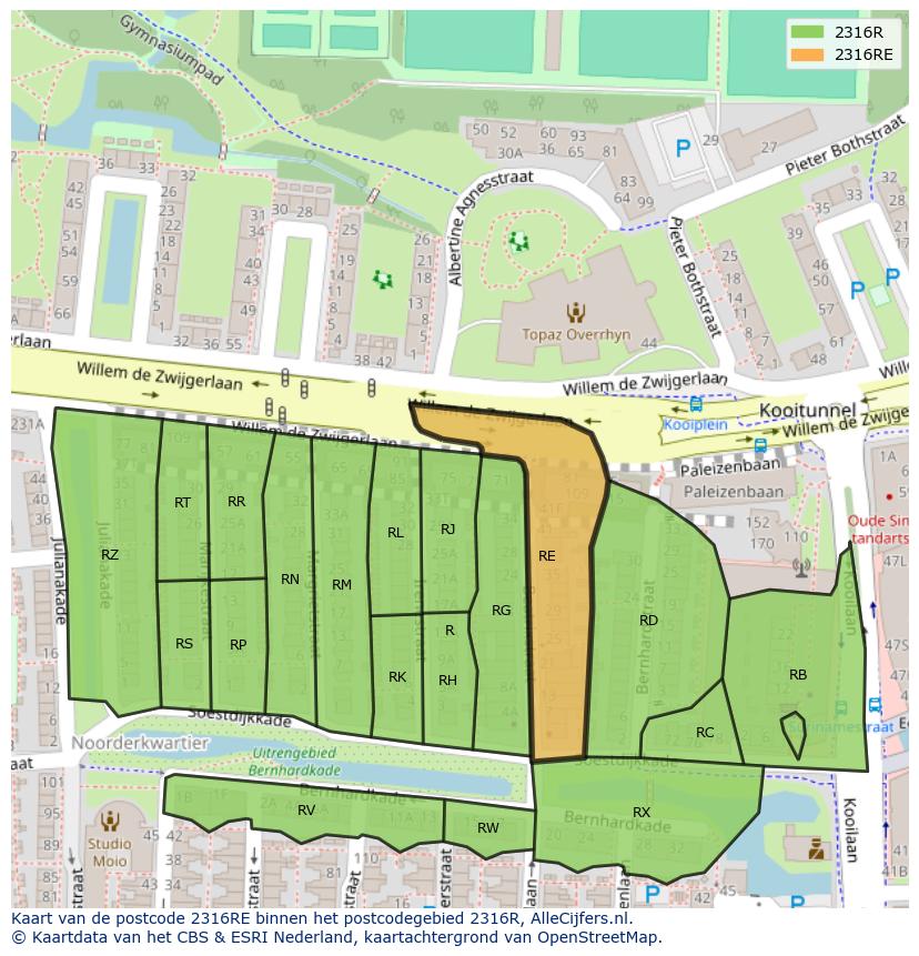 Afbeelding van het postcodegebied 2316 RE op de kaart.