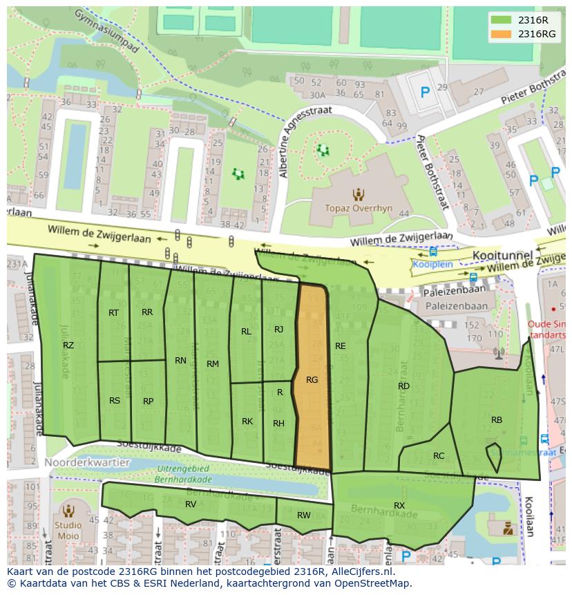Afbeelding van het postcodegebied 2316 RG op de kaart.