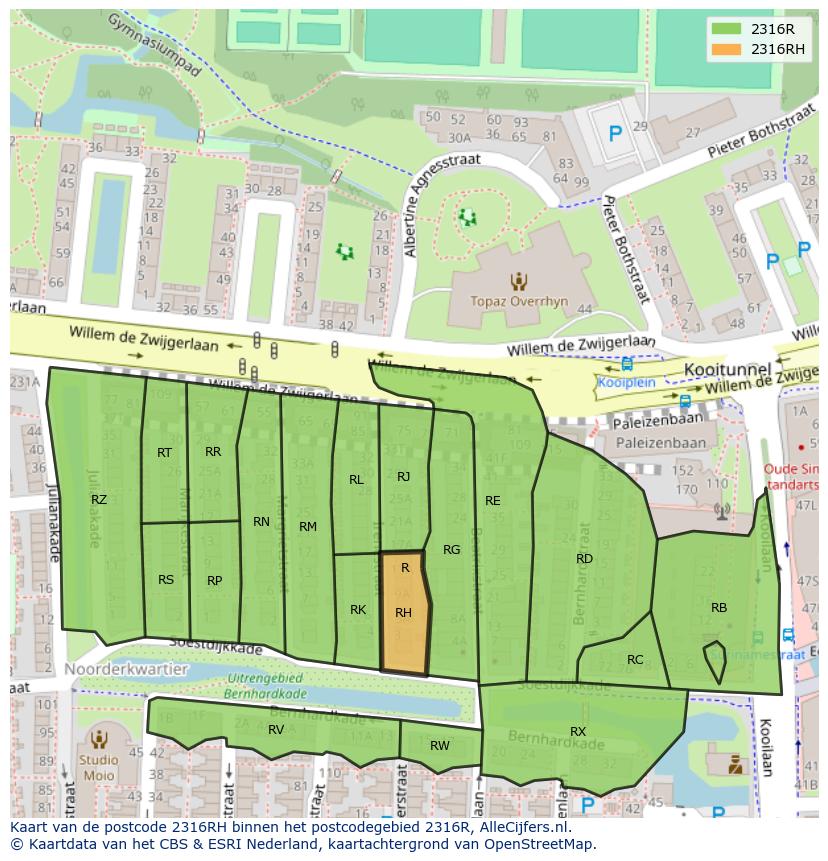 Afbeelding van het postcodegebied 2316 RH op de kaart.
