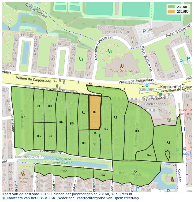 Afbeelding van het postcodegebied 2316 RJ op de kaart.