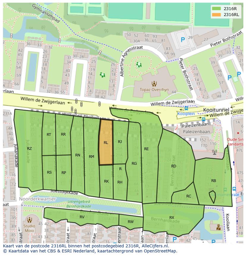 Afbeelding van het postcodegebied 2316 RL op de kaart.