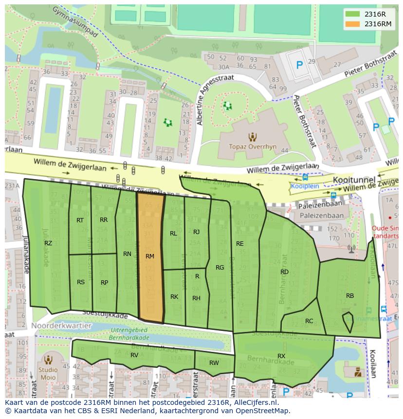 Afbeelding van het postcodegebied 2316 RM op de kaart.