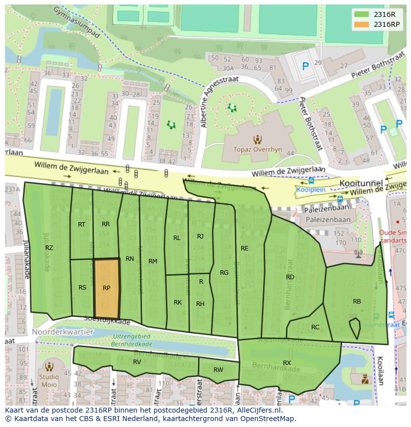 Afbeelding van het postcodegebied 2316 RP op de kaart.