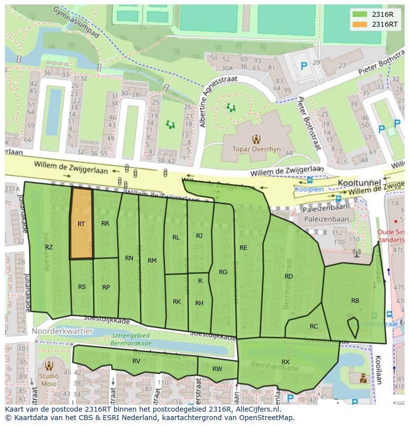 Afbeelding van het postcodegebied 2316 RT op de kaart.