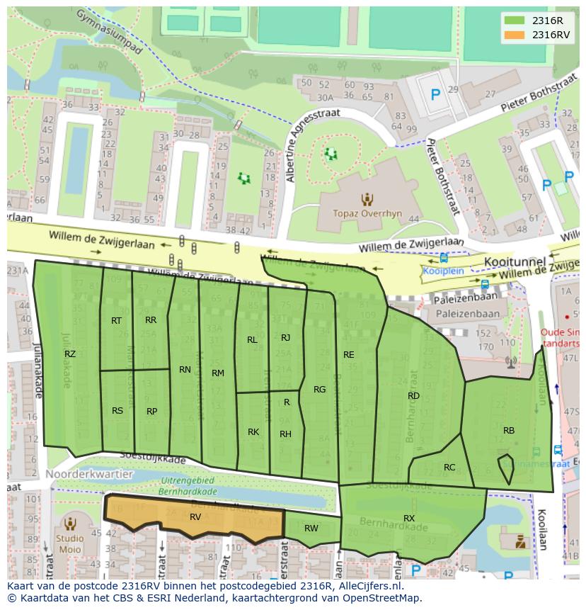 Afbeelding van het postcodegebied 2316 RV op de kaart.