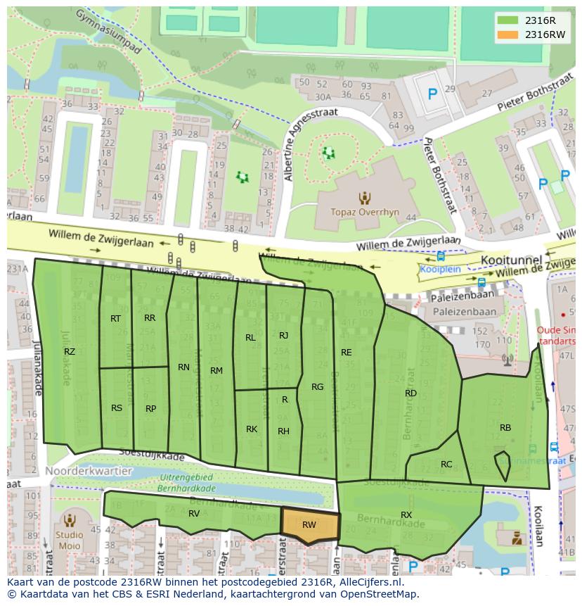 Afbeelding van het postcodegebied 2316 RW op de kaart.