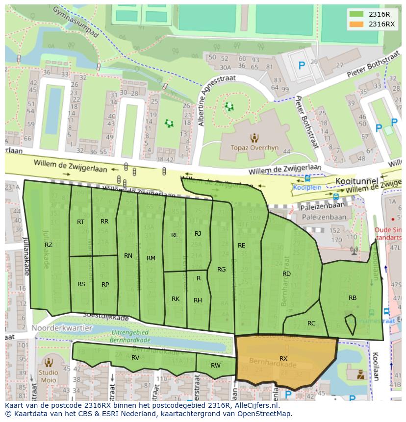 Afbeelding van het postcodegebied 2316 RX op de kaart.