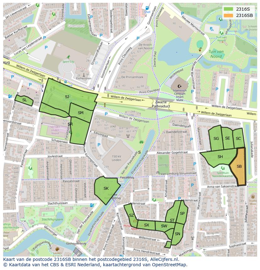 Afbeelding van het postcodegebied 2316 SB op de kaart.