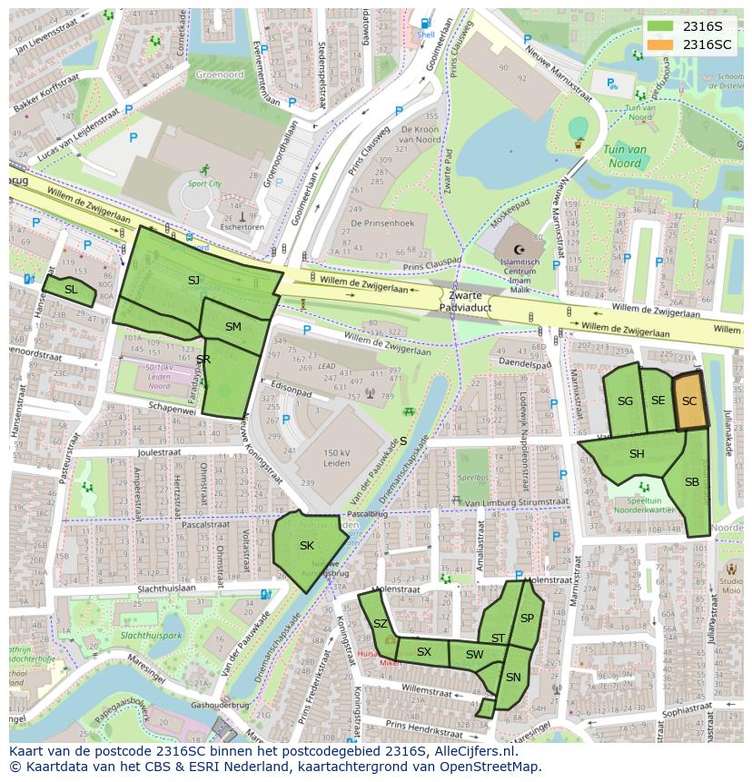 Afbeelding van het postcodegebied 2316 SC op de kaart.