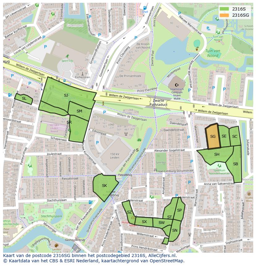 Afbeelding van het postcodegebied 2316 SG op de kaart.