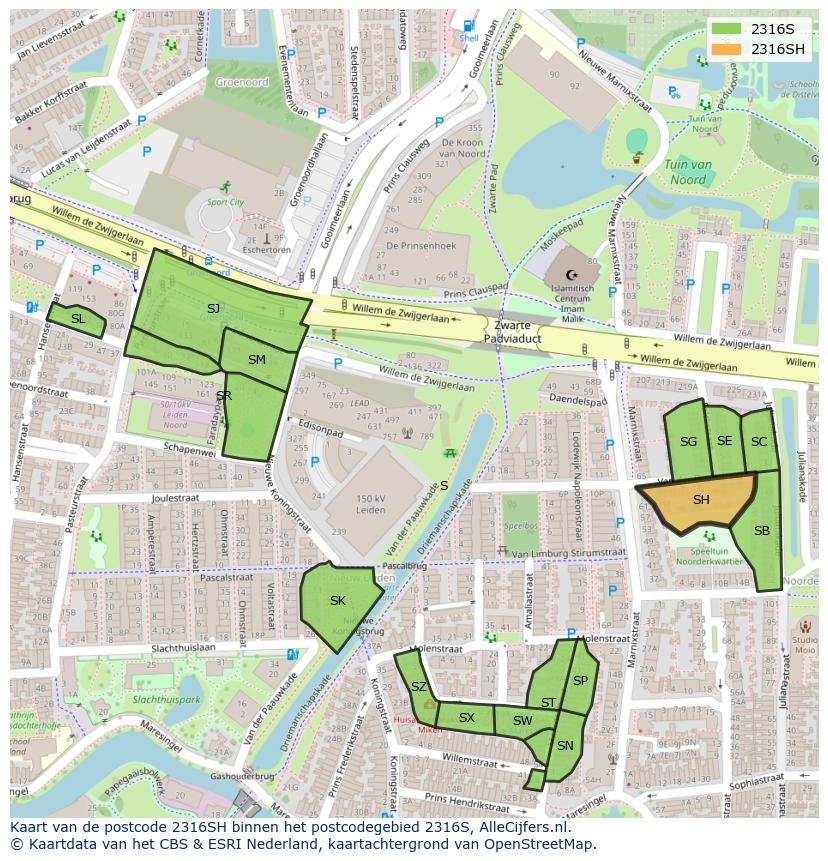 Afbeelding van het postcodegebied 2316 SH op de kaart.